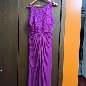 David's Bridal Sleeveless Long Mesh Bridesmaid Dress Corded Lace Raspberry